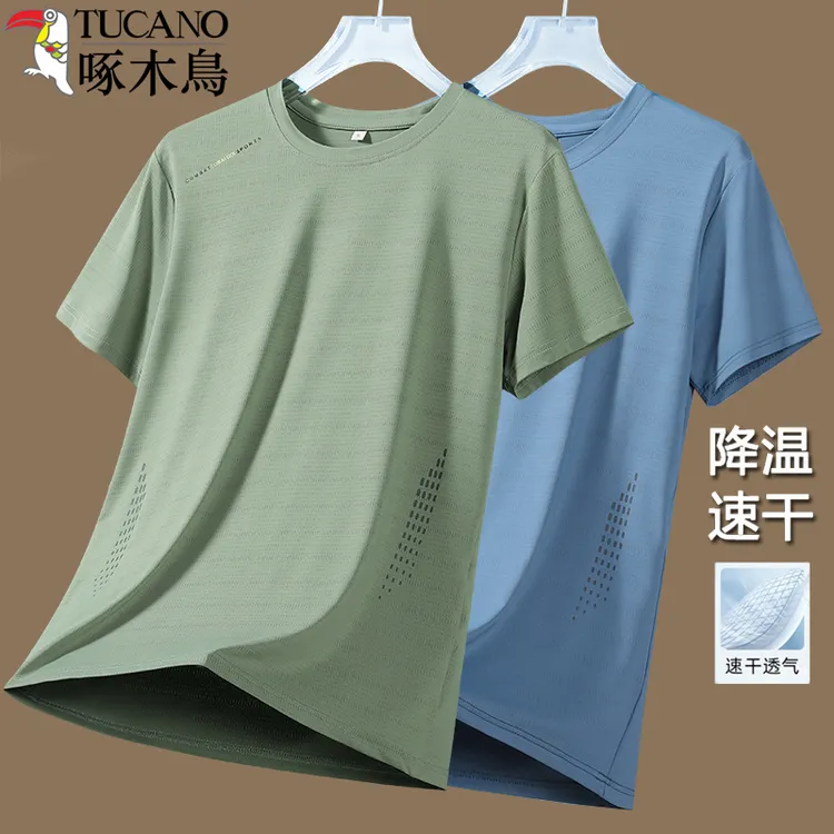 啄木鸟夏季冰感薄款透气短袖t恤男青年时尚百搭冰丝网眼速干T恤男