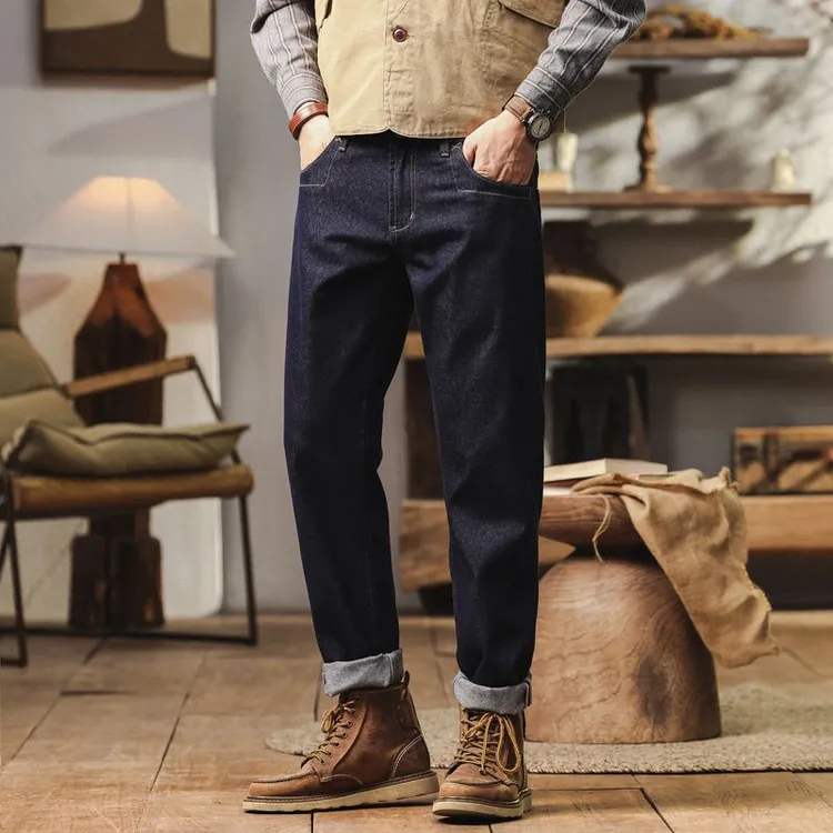 夏季牛仔裤男美式深蓝色薄款工装风莱塞尔修身直筒阿美咔叽长裤