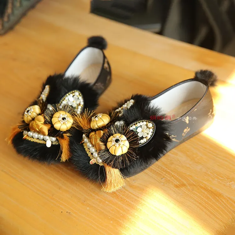 手工非遗平底鞋布鞋女黑色民族风猫头鞋汉服醒狮虎头鞋老北京布鞋