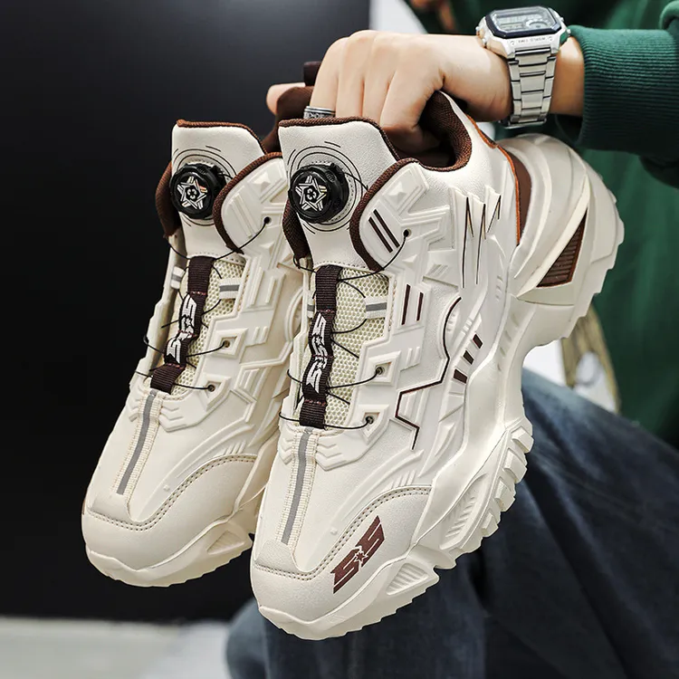 男鞋春秋透气旋转纽扣青少年跑步防滑运动鞋休闲增高老爹潮鞋