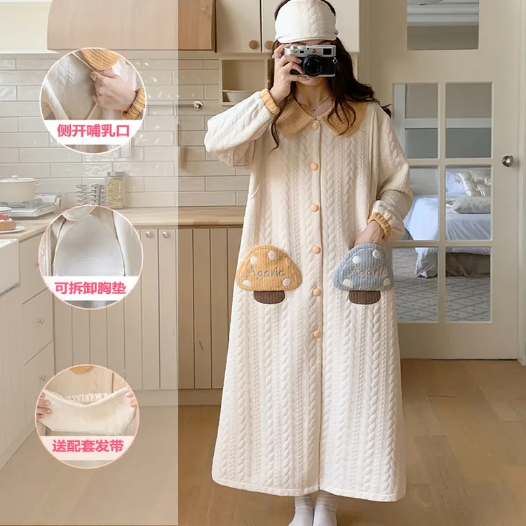 月子服孕妇睡衣秋冬可拆卸胸垫空气棉夹层哺乳长裙送发带加肥加大