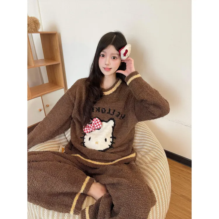 可爱少女印花半边绒睡衣女冬季新款加厚加绒针织衫长裤家居服套装