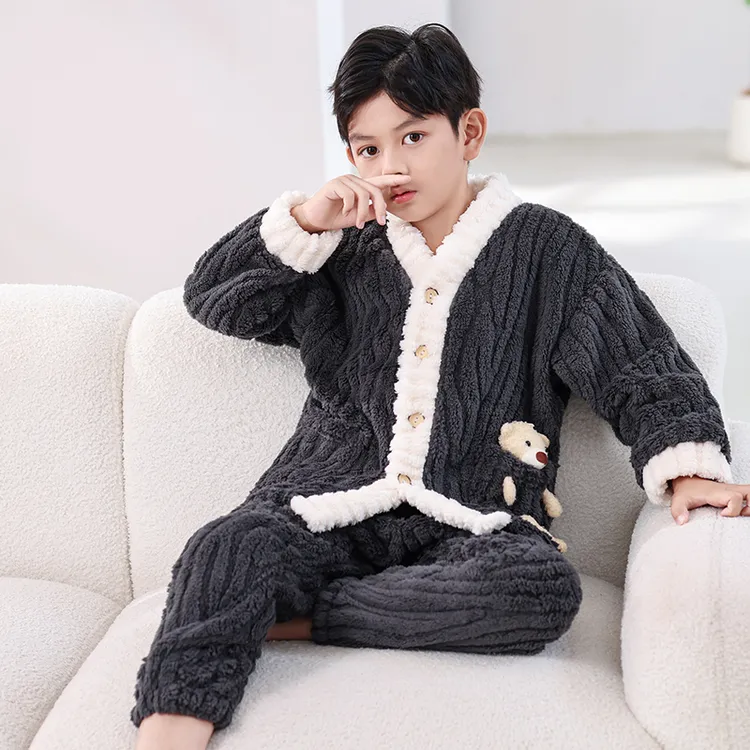 瑾鸽儿童睡衣新款法兰绒开衫加厚男童小女孩珊瑚绒冬季家居服套装