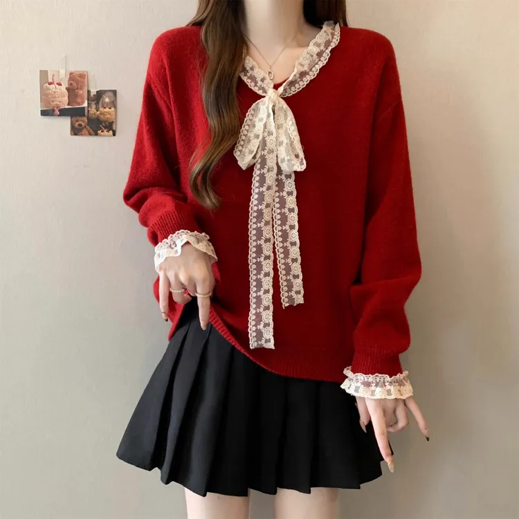 蕾丝边系带蝴蝶结红色针织衫女秋冬新款大码胖MM宽松独特漂亮毛衣