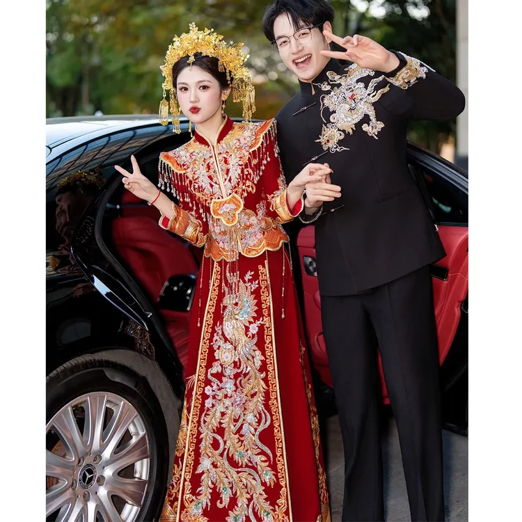 高端中式新娘婚服2025新款 V领结婚秀禾服出门嫁衣龙凤褂秋冬