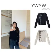 【YWYW52F/W】弹力一字肩穿孔蝴蝶绑带配饰一体针织衫5628