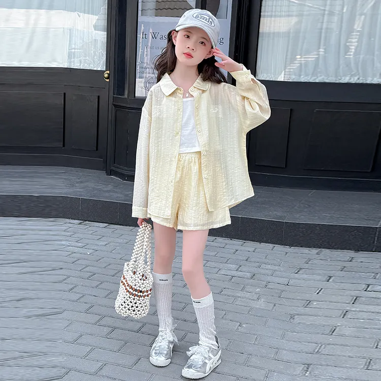 女童防晒衬衣三件套2025新款夏装中大童韩版亚麻小清新短裤套装潮