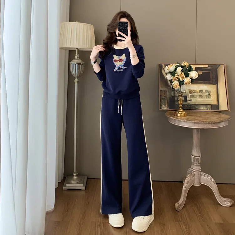 一整套搭配显瘦减龄洋气休闲时尚运动加绒卫衣阔腿裤两件套装女
