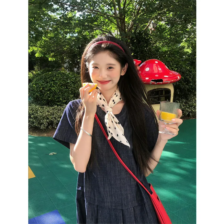 夏季短袖连衣裙女夏复古宽松中长裙日系松弛感牛仔裙通勤拼接长裙