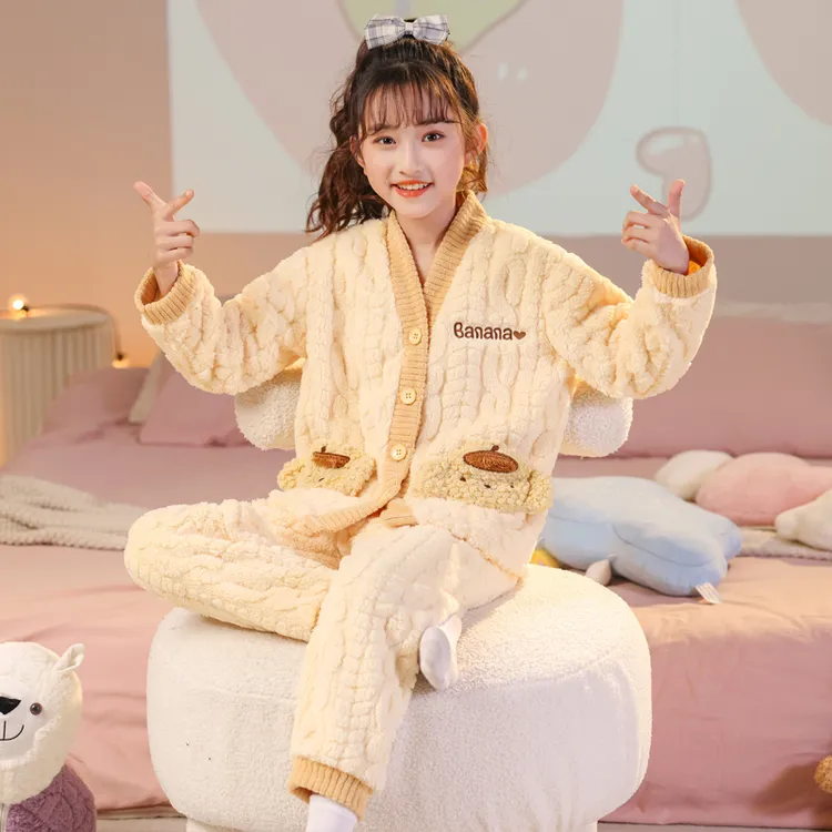 保暖家居服套装中童女大童睡衣长毛绒加绒冬天