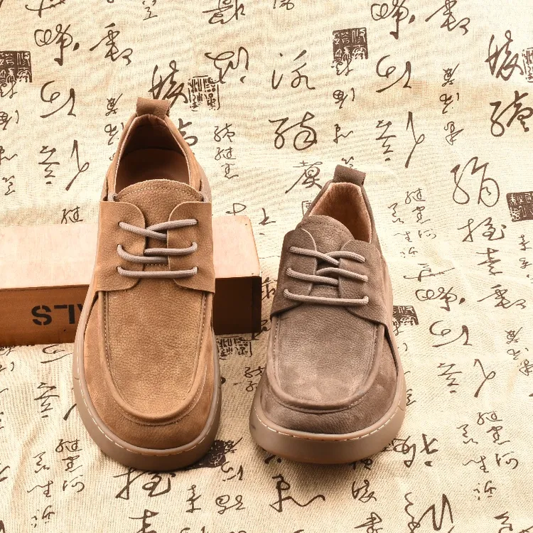 2025秋款头层牛皮厚底车缝线休闲皮鞋素面耐磨透气缝制轻便商务风