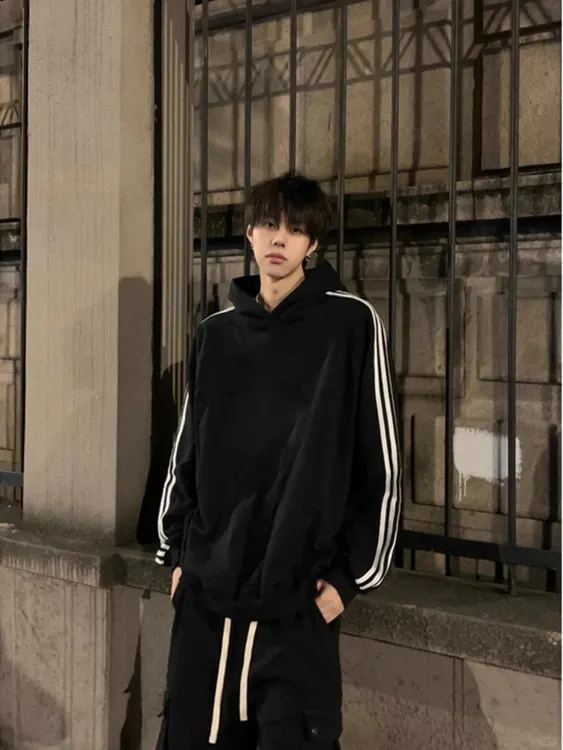 黑色三条杠卫衣连帽春秋季男生休闲潮流oversize美式运动长袖上衣
