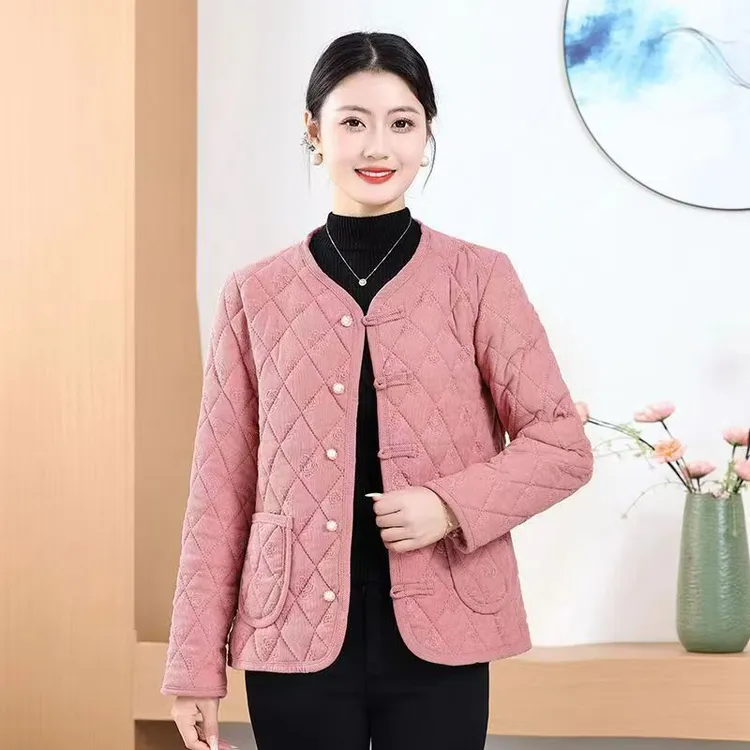新中式秋冬新款棉袄女士国风盘扣加绒外套复古装条绒上衣1597