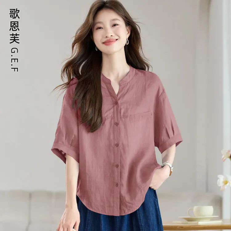 苎麻短袖衬衣女夏季2025年新款妈妈棉麻上衣宽松休闲气质减龄衬衫