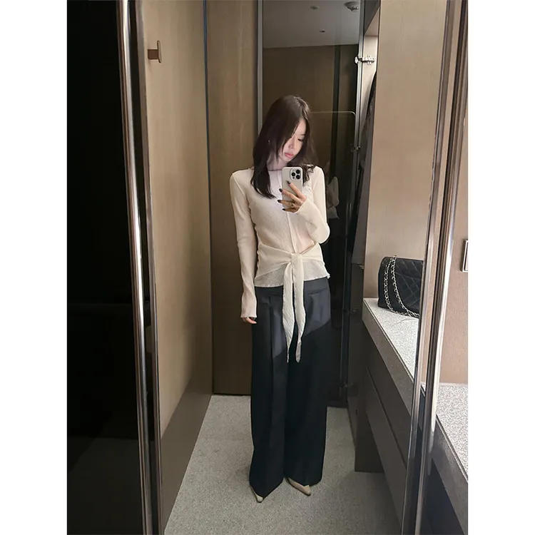 时尚气质设计感长袖圆领绑带上衣2025夏季百搭显瘦直筒阔腿裤长裤