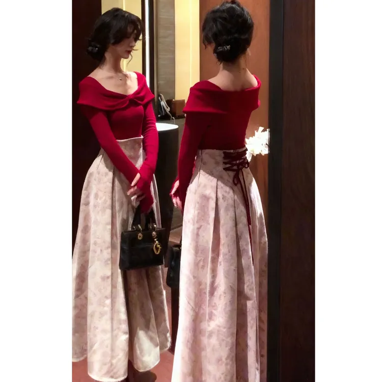 红色露肩纯欲风长袖上衣蝶恋花裙腰封设计后背绑带高腰半身裙套装