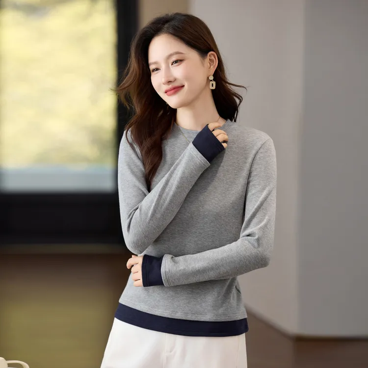 假两件圆领保暖打底衫2025秋冬新款修身显瘦撞色拼接套头上衣