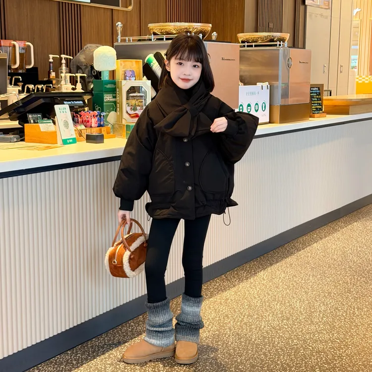 女童冬季V领围脖款派克服棉服2025新款中大童公主风时尚加棉加厚