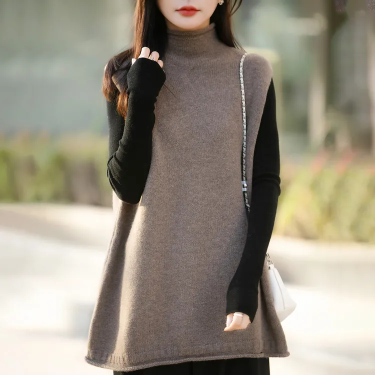中长款针织马甲毛衣女半高领无袖加厚羊毛衫秋冬宽松大码内搭坎肩
