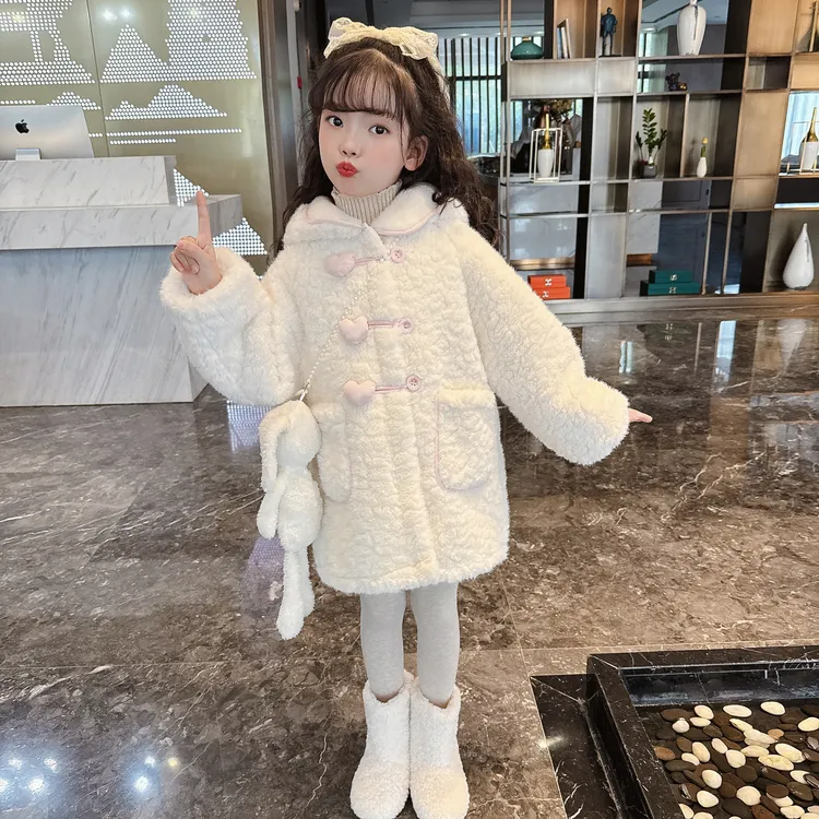 2025女童冬款加绒加厚毛毛外套毛毛大衣保暖后世防风可爱绒绒感