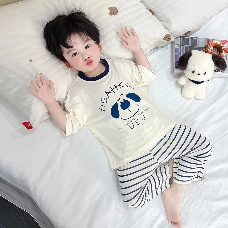 男童睡衣夏季薄款冰丝莫代尔男孩空调服宝宝条纹裤套装儿童家居服