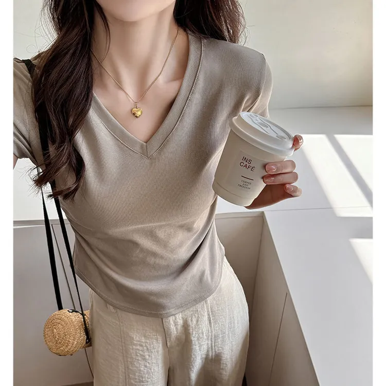 辣妹正肩v领短袖t恤女春夏季抽褶收腰显瘦设计感小众短款韩系上衣