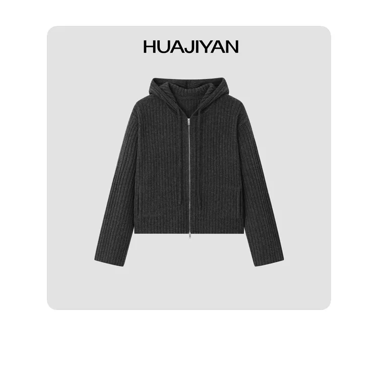 华吉言/HUAJIYAN【条条毛衣】甄选全羊毛立体坑条肌理感连帽外套