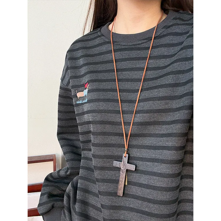 腊肠狗刺绣加绒卫衣男秋冬美式复古条纹长袖圆领慵懒风打底衫上衣