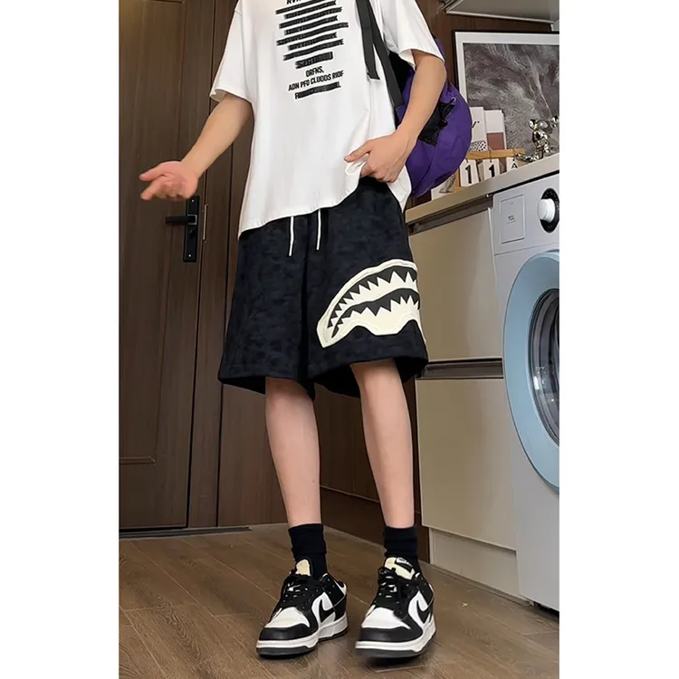 2025夏季贴布鲨鱼嘴短裤男美式潮流宽松休闲轻薄透气五分裤中裤子