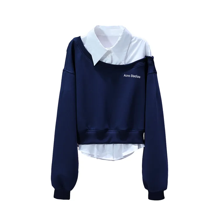 【亮哥女装】2025高定设计师款藏蓝色拼接假两件轻薄透气卫衣6685A