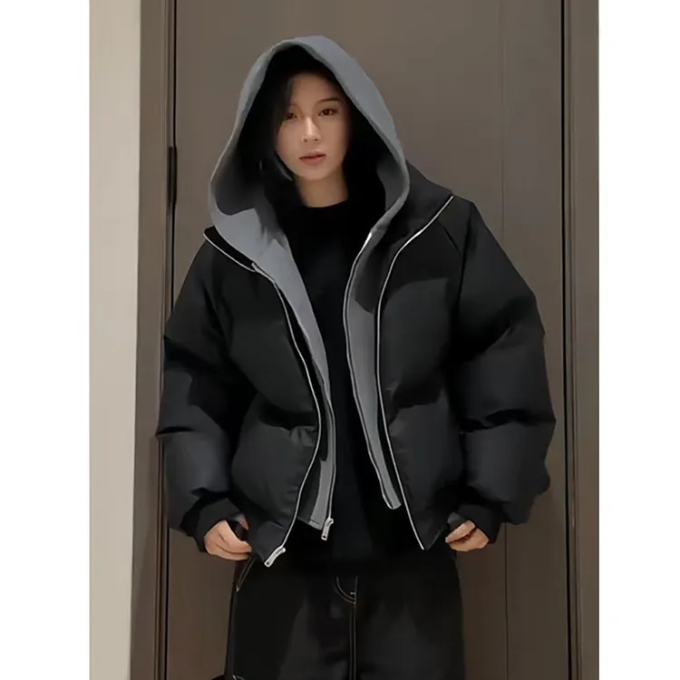 美式重磅假两件连帽棉服外套男冬cleanfit加厚棉衣高街痞帅面包服