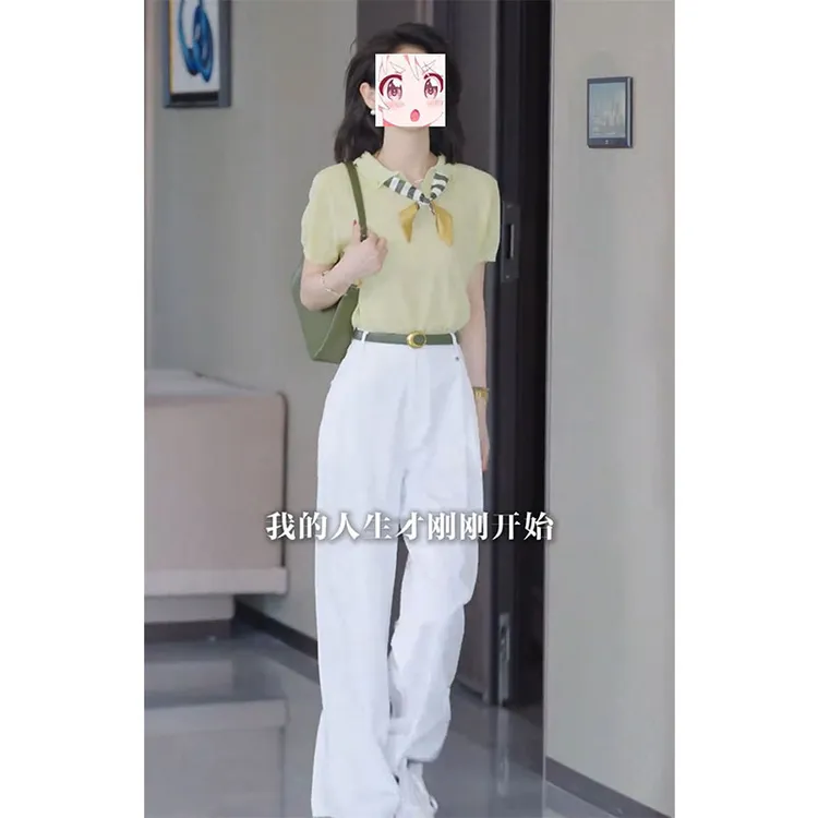 2025年夏季温柔风气质文艺翻领短袖针织衫高级感显腿长休闲裤套装