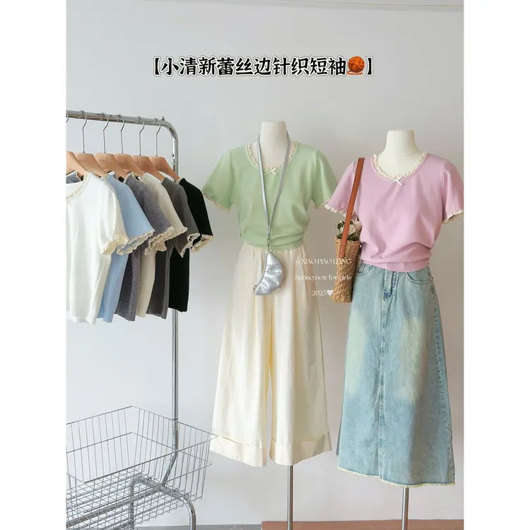 【潮妹专属】法式小清新甜美百搭蕾丝花边拼接显瘦针织上衣6008#0.1