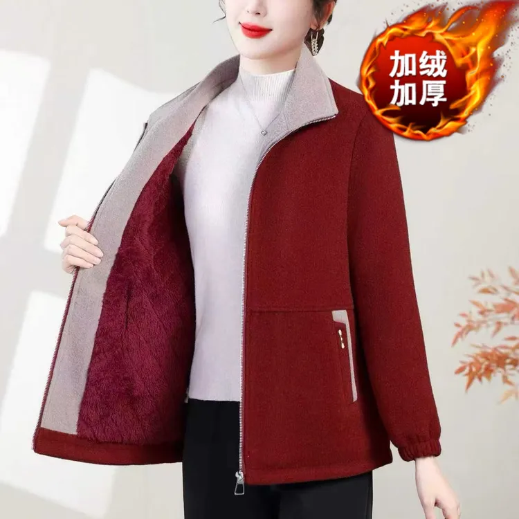 中老年妈妈秋冬加绒加厚平方领拉链毛呢时尚洋气外套