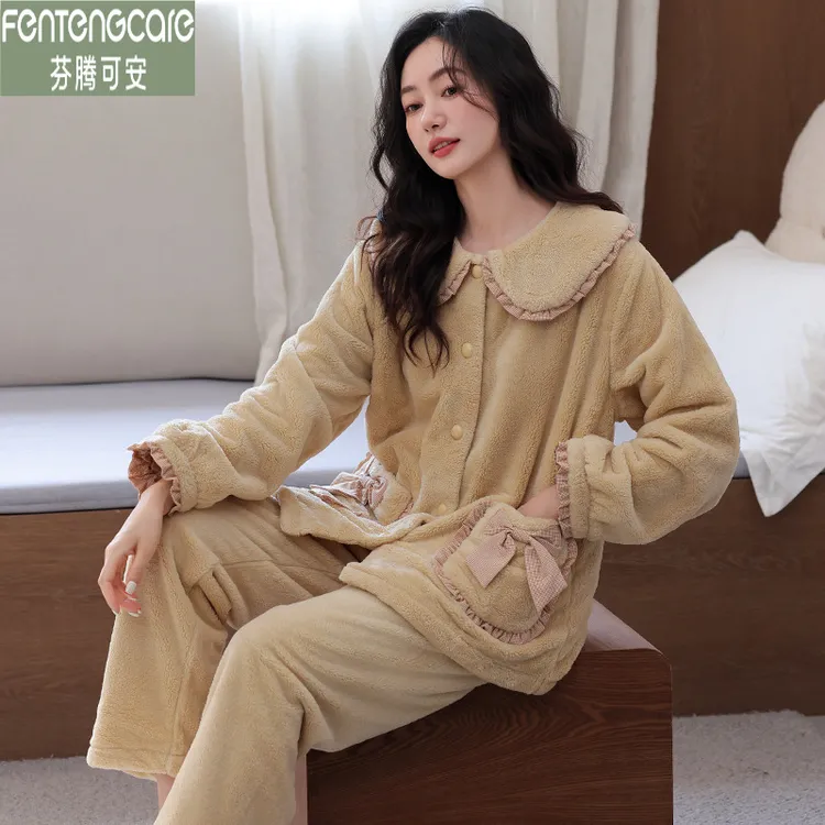 芬腾可安秋冬女士加厚保暖法兰绒长袖开衫加大码甜美珊瑚绒家居服