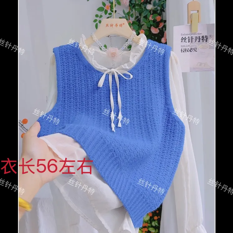 粉-粗针韩系圆领百搭针织马甲背心女秋冬新款坎肩纯色毛衣马夹