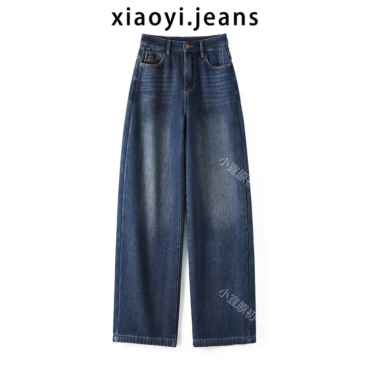 小宜原初刺绣小弯刀阔腿牛仔裤女冬季新款复古宽松加绒显瘦长裤潮