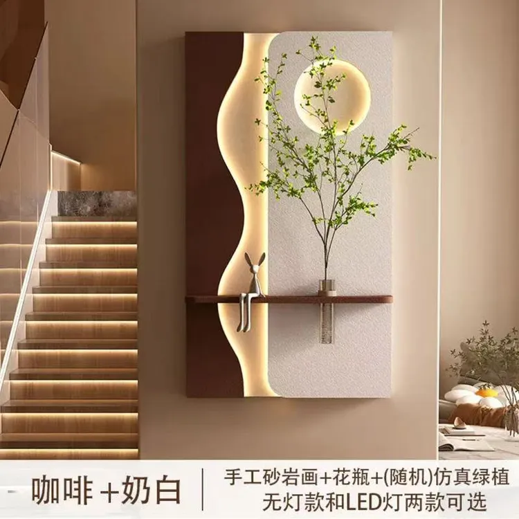 立体砂岩水培绿植高级感黑白玄关装饰画灯光画入户走廊挂画