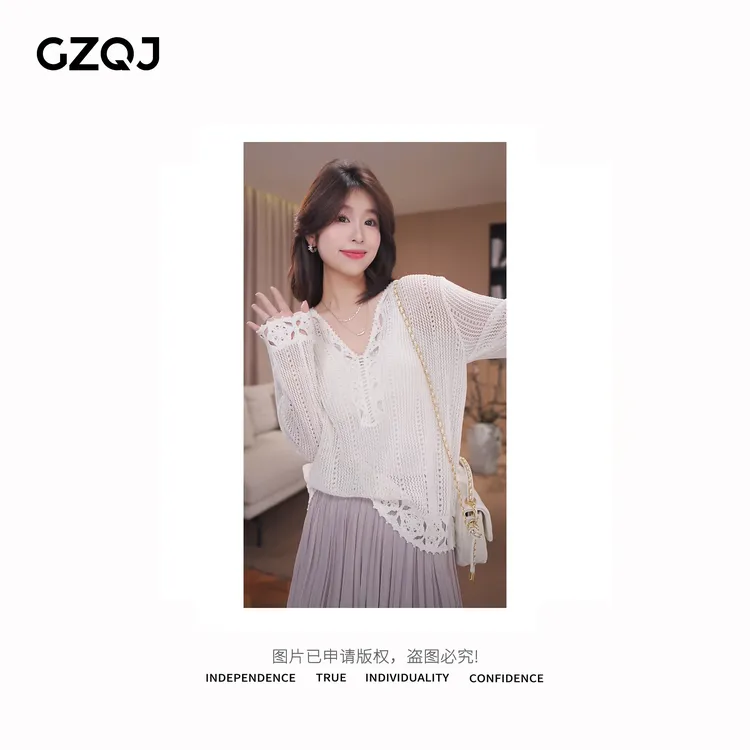 老琴私服【藤暮织语】欧若风亚麻天丝镂空防晒针织罩衫女上衣3556