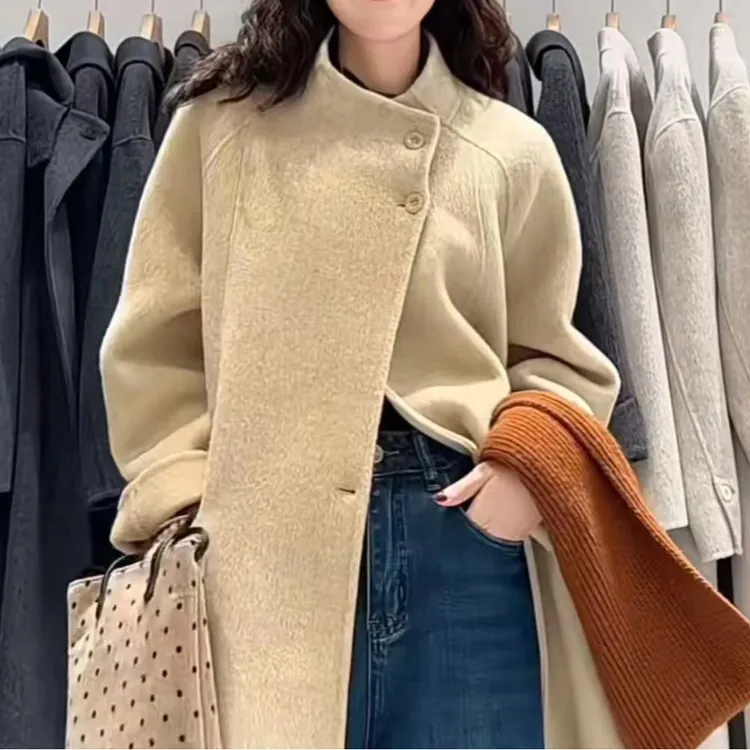 【小泡芙】新款韩版立领中长款羊毛女士大衣时尚气质休闲秋冬百搭