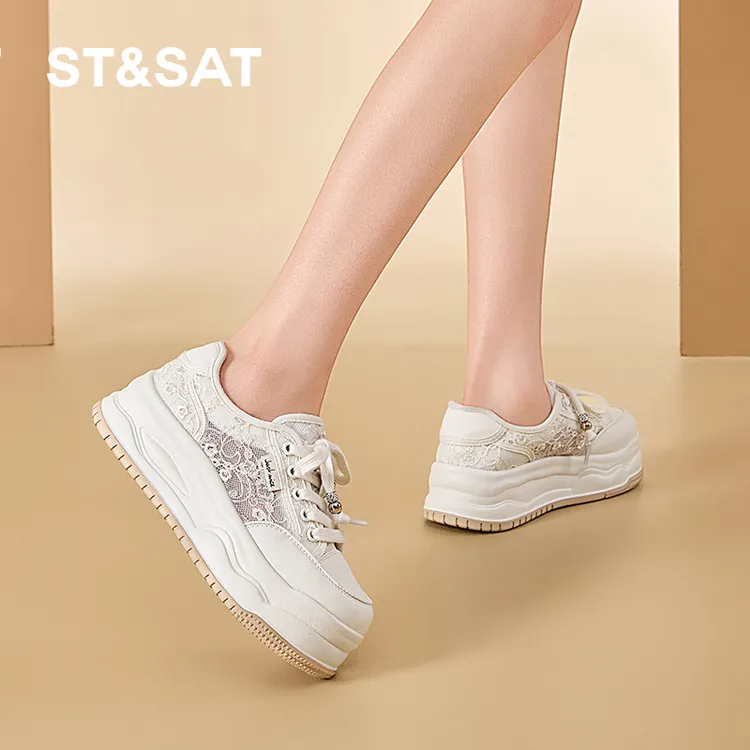 星期六蕾丝网面小白鞋女2025新款夏季镂空透气网鞋厚底运动休闲鞋