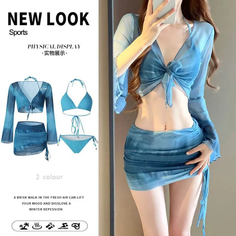 新款比基尼四件套辣妹印花分体游泳衣女小胸长袖性感海边度假泳装