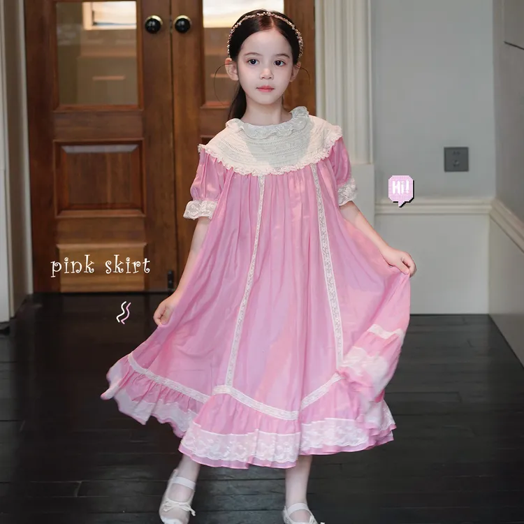 AnnieGirl天丝甜美重工蕾丝拼接连衣裙女童泡泡袖公主裙长裙2026