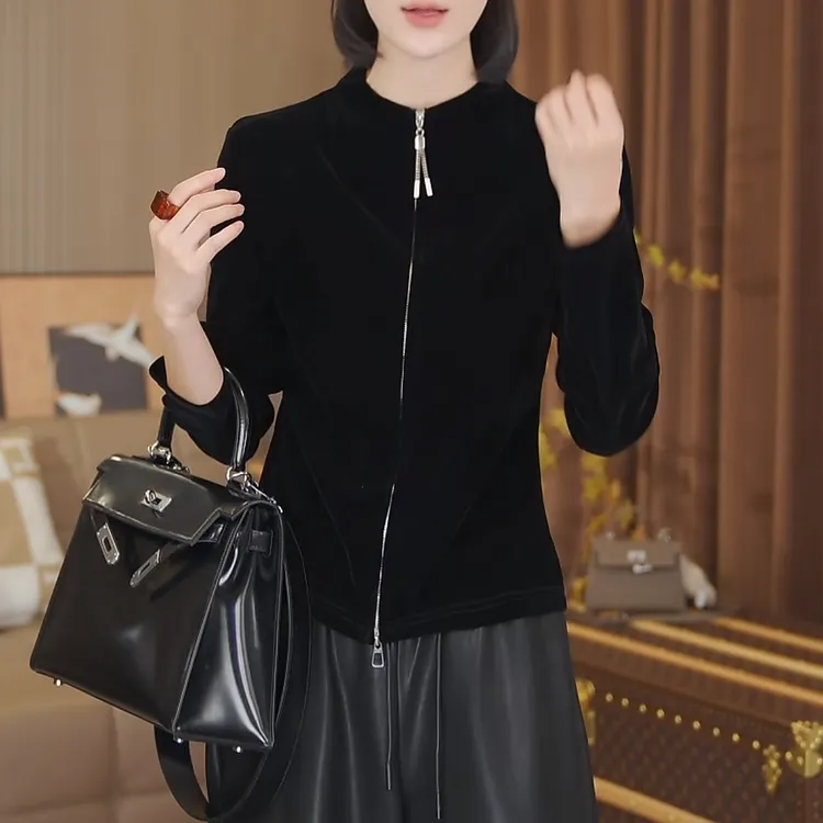 黑色双拉链丝绒外套女2025秋季新款修身显瘦时尚休闲洋气百搭上衣