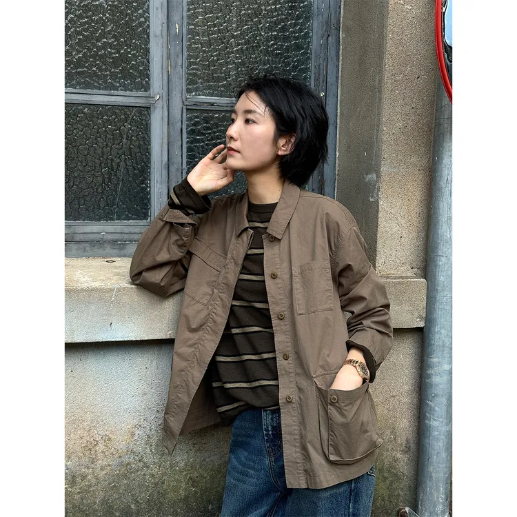 LANGQING 宽松纯棉工装中长款风衣外套45487#