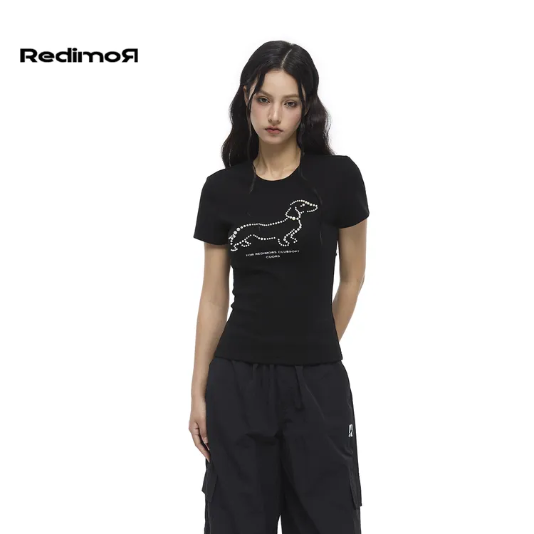 【大欣耶专属】REDIMOR美式复古小狗珍珠修身短款T恤252RC1169   