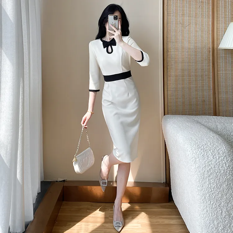2025秋季新款女装七分袖气质连衣裙高级感修身显瘦职业包臀裙子