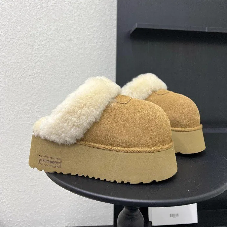 卡皮吧啦毛毛磨砂皮厚底包头拖鞋女外穿爆款冬季加绒保暖丑萌半拖