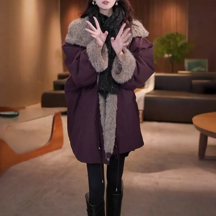 时尚加厚保暖中长款外套女冬季新款洋气显瘦中长款立领双面穿上衣