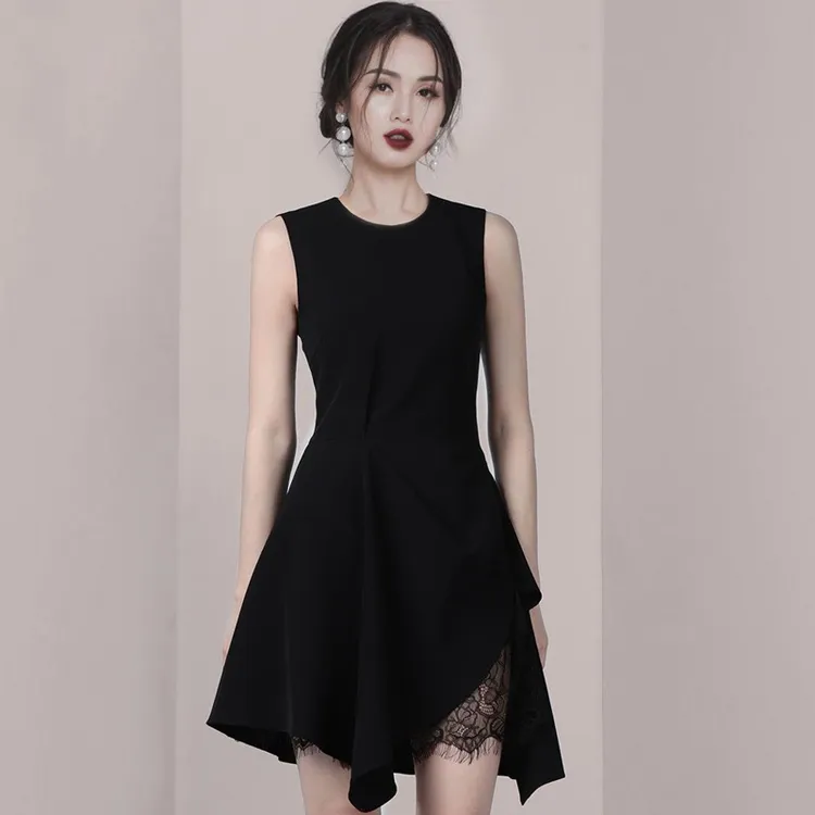 潮牌新款欧美时尚气质圆领无袖字裙修身显瘦不规则黑色连衣裙女